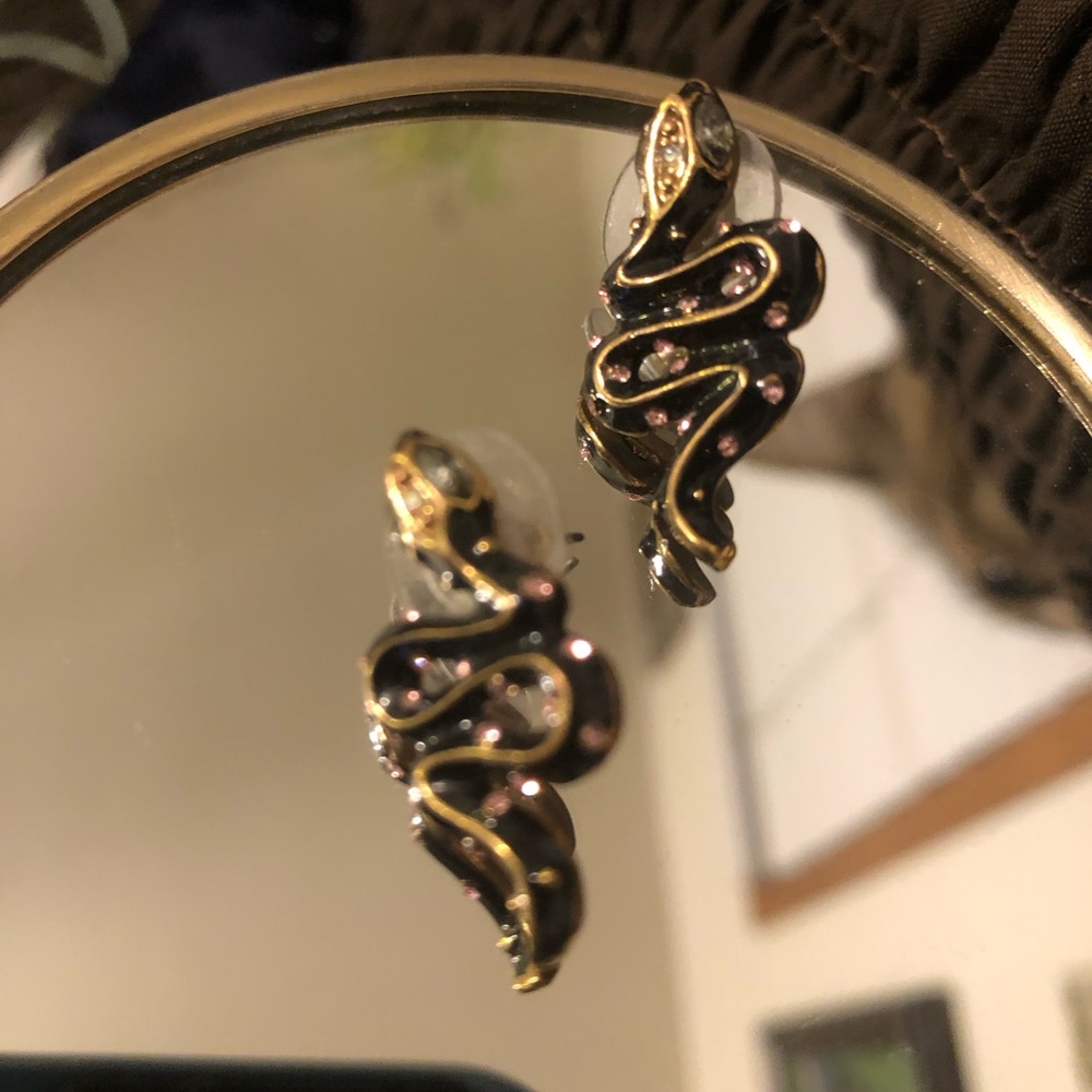Black and gold with rhinestones snake earrings